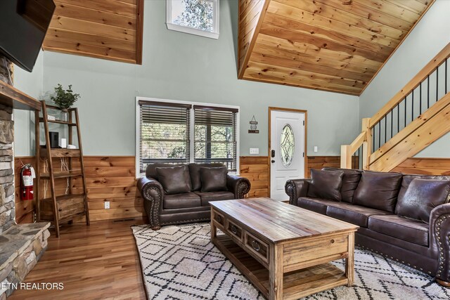 3131 Valley Home Rd, Sevierville, TN 37862 - living room featuring wainscoting, wood walls, wood finished floors, wooden ceiling, and stairs