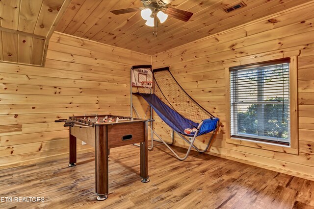 3131 Valley Home Rd, Sevierville, TN 37862 - rec room featuring wood walls, a ceiling fan, light wood-style floors, and wooden ceiling