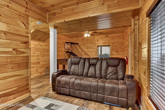 3131 Valley Home Rd, Sevierville, TN 37862 - living area with wooden walls, wood finished floors, ceiling fan, and wooden ceiling
