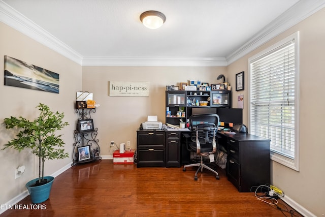 office space featuring baseboards, ornamental molding, and wood finished floors
