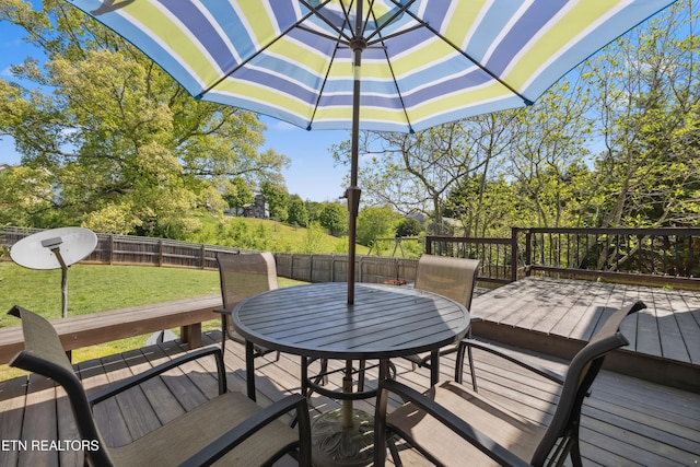 deck featuring a fenced backyard, outdoor dining space, and a yard