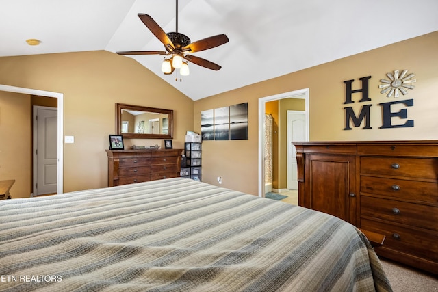 carpeted bedroom featuring ceiling fan and vaulted ceiling