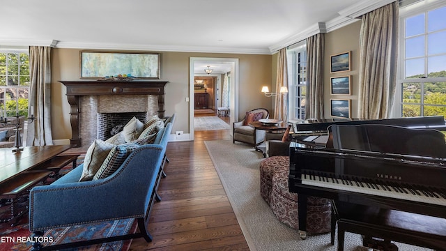living area featuring ornamental molding, a fireplace, wood finished floors, and a healthy amount of sunlight