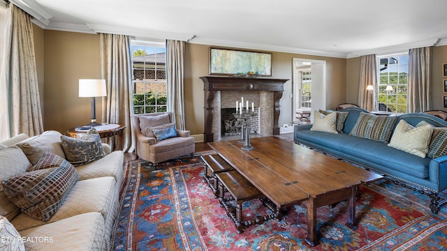 living area with crown molding, baseboards, and a fireplace