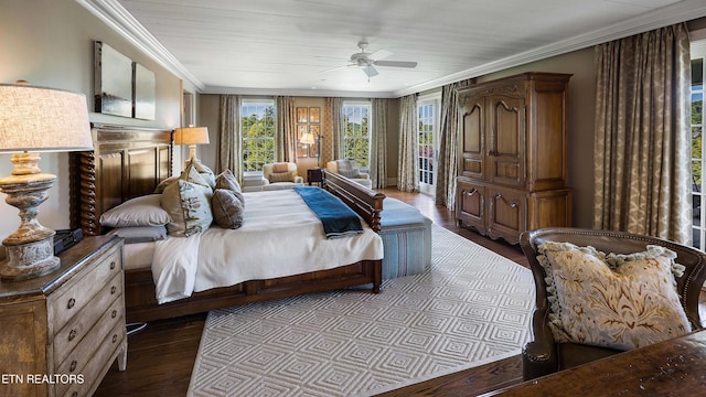 bedroom featuring wood finished floors, ceiling fan, and crown molding
