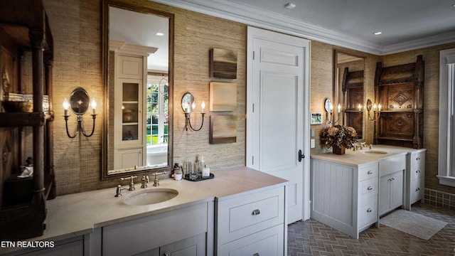 full bath with vanity, crown molding, and brick floor
