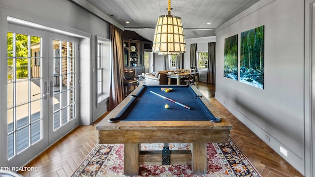 rec room featuring recessed lighting, wood ceiling, french doors, and pool table