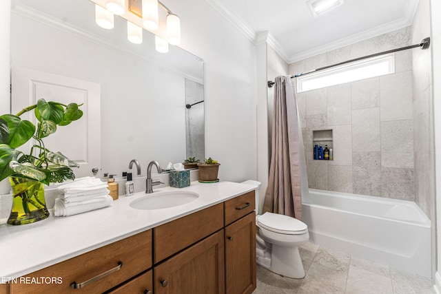 bathroom featuring vanity, ornamental molding, shower / bath combo, and toilet