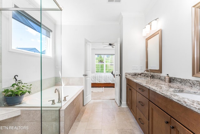 ensuite bathroom with crown molding, double vanity, connected bathroom, a bath, and a sink