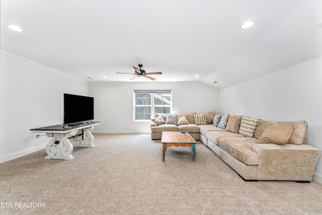 living room featuring carpet floors, recessed lighting, baseboards, and a ceiling fan