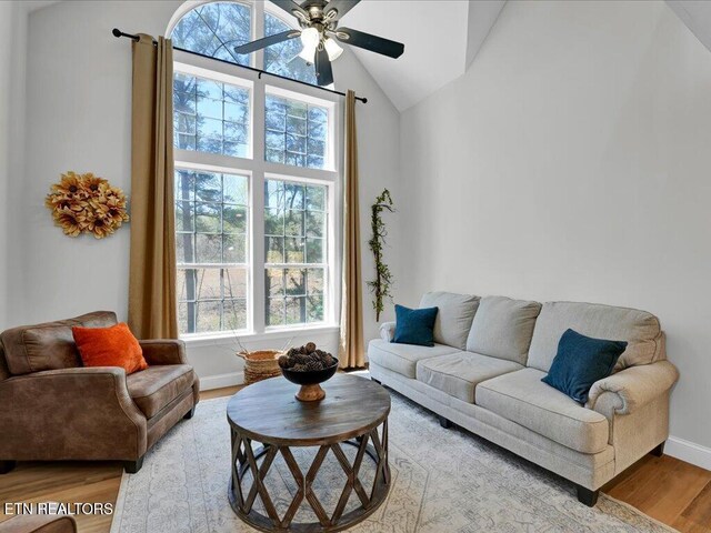 living area with wood finished floors, a healthy amount of sunlight, a ceiling fan, and baseboards