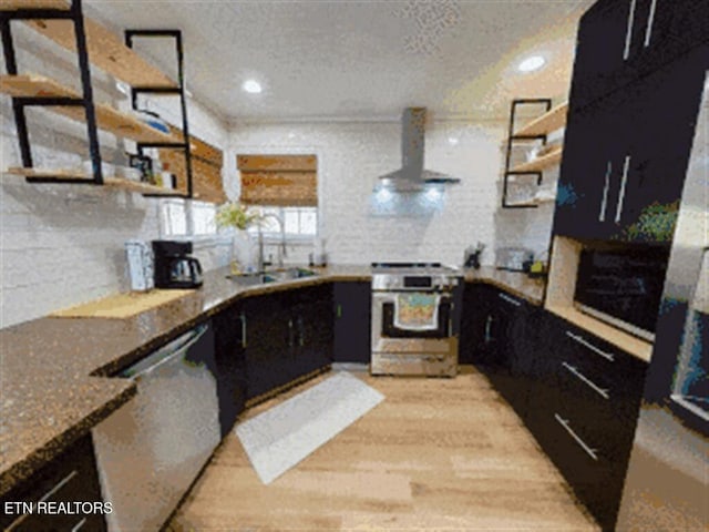 kitchen featuring a sink, open shelves, tasteful backsplash, ventilation hood, and appliances with stainless steel finishes