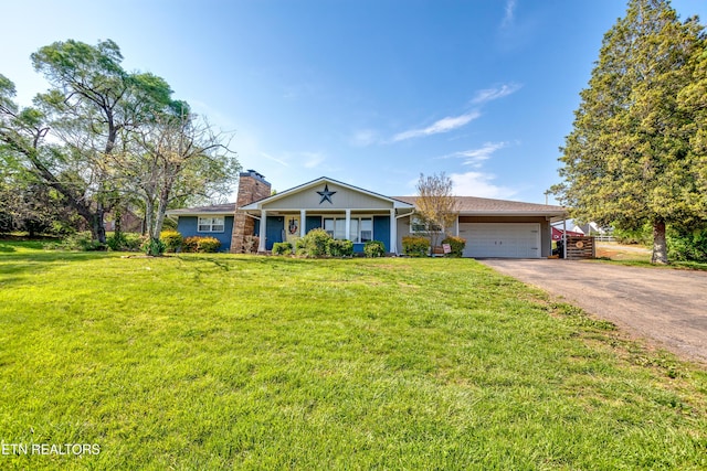 ranch-style house with a front yard, a garage, covered porch, aphalt driveway, and a chimney