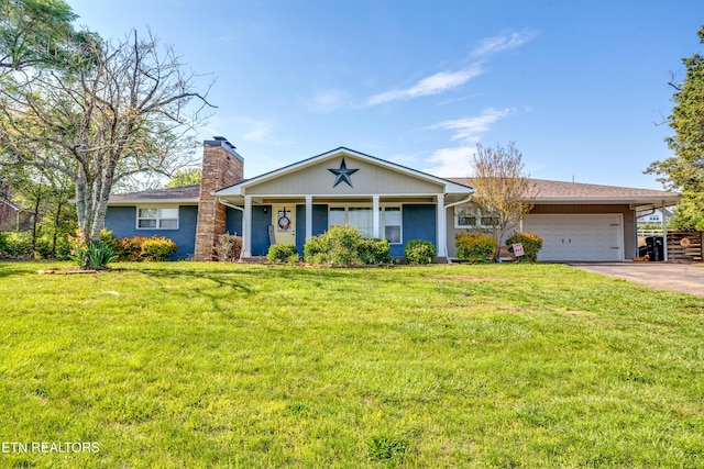 ranch-style home featuring driveway, a front lawn, a chimney, and an attached garage