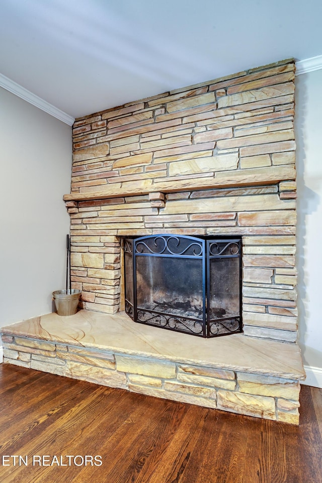 room details with a fireplace, wood finished floors, and ornamental molding