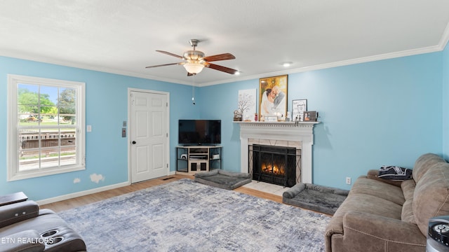 living room featuring crown molding, a fireplace with flush hearth, ceiling fan, and wood finished floors