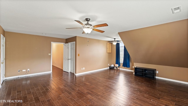 bonus room with ceiling fan, visible vents, baseboards, and wood finished floors