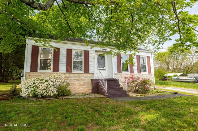 view of front facade featuring entry steps, a front yard, and stone siding