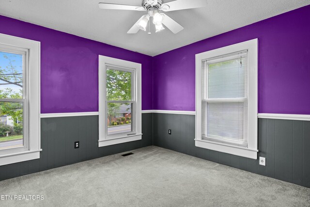 empty room with visible vents, wainscoting, and carpet