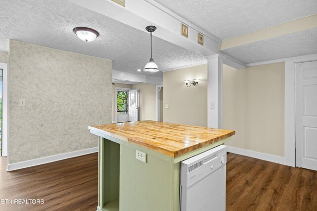 kitchen featuring dark wood finished floors, wooden counters, a textured ceiling, and white dishwasher