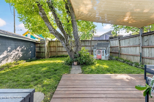 view of yard with a deck and a fenced backyard