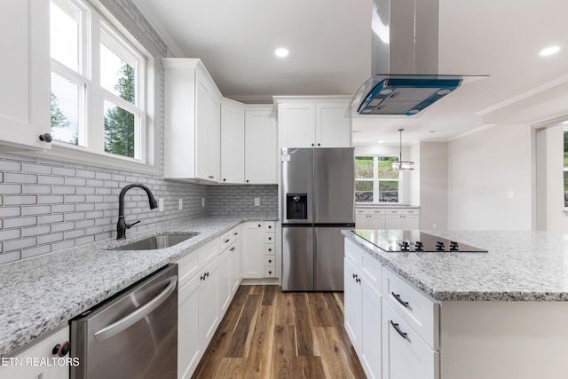 kitchen featuring tasteful backsplash, a sink, stainless steel appliances, dark wood finished floors, and island exhaust hood