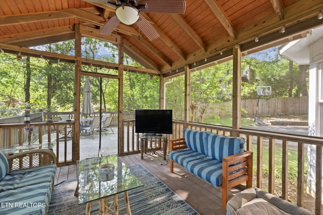 705 Kimbee Rd, Knoxville, TN 37923 - sunroom / solarium with outdoor dining space, ceiling fan, an outdoor living space, and beam ceiling