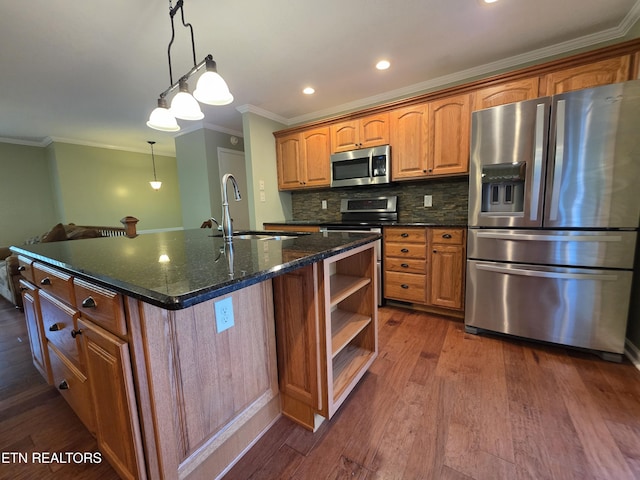 kitchen with crown molding, stainless steel appliances, open shelves, and a sink