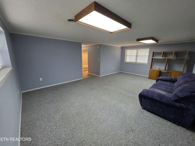 carpeted living area featuring baseboards and a textured ceiling
