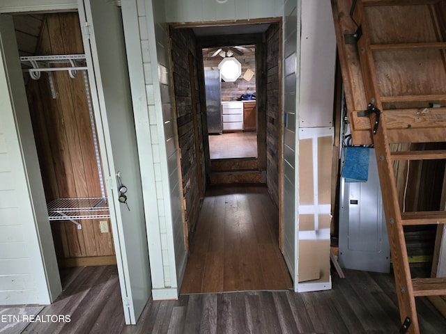 hallway with dark wood-style flooring and wood walls
