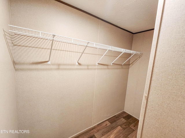 walk in closet with wood finished floors