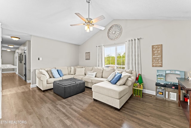 living room featuring wood finished floors, a ceiling fan, high vaulted ceiling, and baseboards