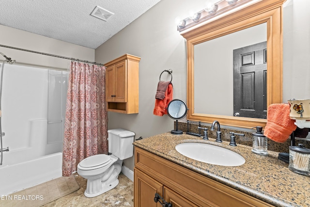 full bath with shower / bath combo, a textured ceiling, visible vents, toilet, and vanity