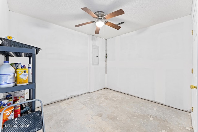 interior space featuring electric panel, unfinished concrete flooring, a ceiling fan, visible vents, and a textured ceiling