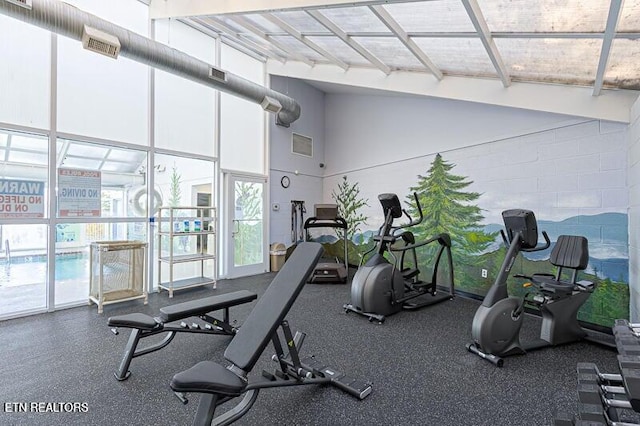 exercise room with a towering ceiling, a healthy amount of sunlight, and visible vents