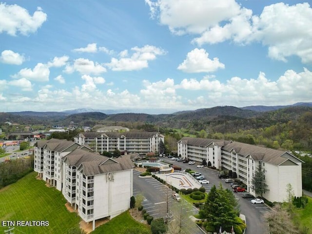 drone / aerial view with a mountain view