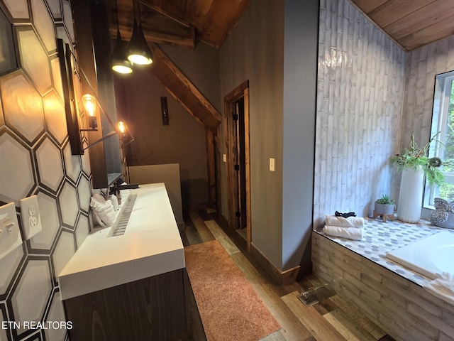 interior space featuring wood ceiling, wood finished floors, vanity, and a bath