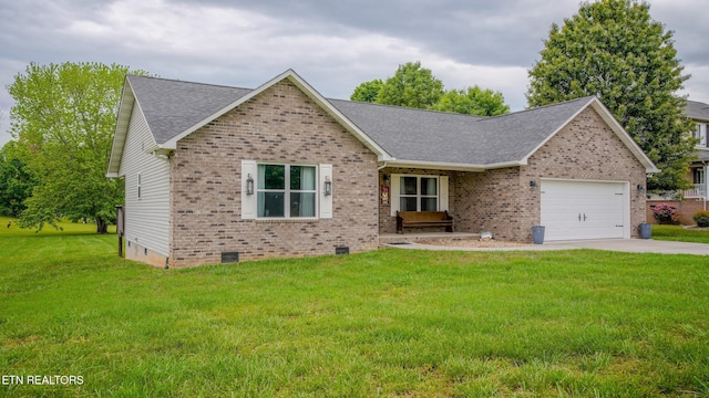 645 Bryce View Ln, Sevierville, TN 37876 - ranch-style house featuring brick siding, crawl space, a front lawn, and a garage