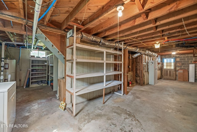 basement with stairs, washer / dryer, and electric water heater