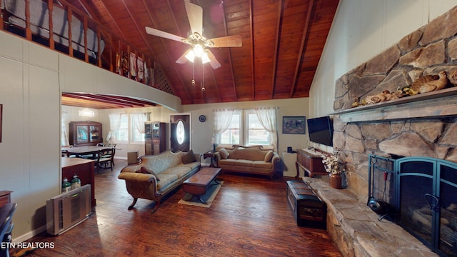 220 Lovelady Ln, Dayton, TN 37321 - living room with a ceiling fan, high vaulted ceiling, wooden ceiling, and wood finished floors
