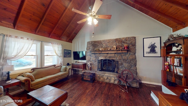 220 Lovelady Ln, Dayton, TN 37321 - living room with ceiling fan, high vaulted ceiling, a stone fireplace, wood finished floors, and wood ceiling