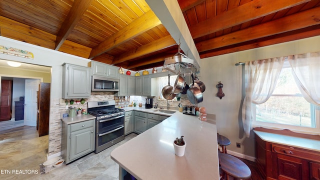 220 Lovelady Ln, Dayton, TN 37321 - kitchen featuring appliances with stainless steel finishes, a sink, gray cabinets, backsplash, and wood ceiling