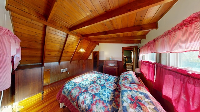220 Lovelady Ln, Dayton, TN 37321 - bedroom featuring visible vents, wood walls, hardwood / wood-style floors, vaulted ceiling with beams, and wooden ceiling