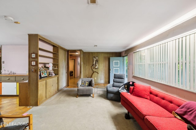living room with wooden walls
