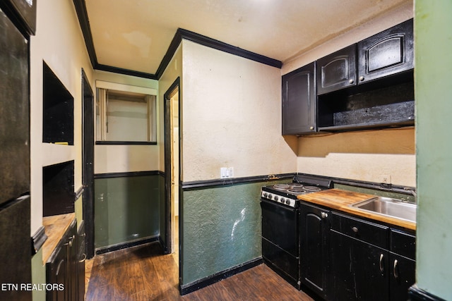 kitchen with electric range, a sink, wood counters, ornamental molding, and dark wood-type flooring