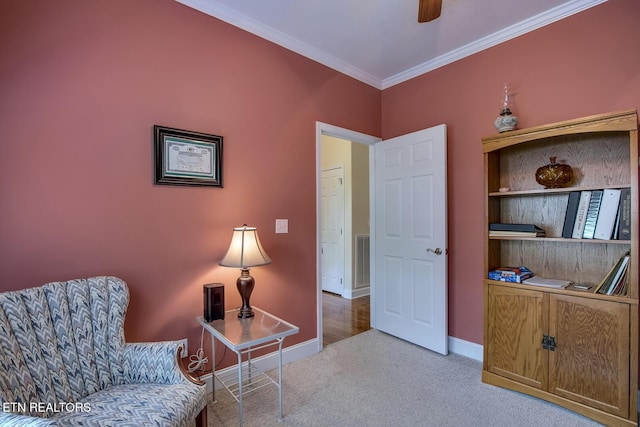 160 Kawga Way, Loudon, TN 37774 - living area with a ceiling fan, visible vents, carpet floors, baseboards, and ornamental molding