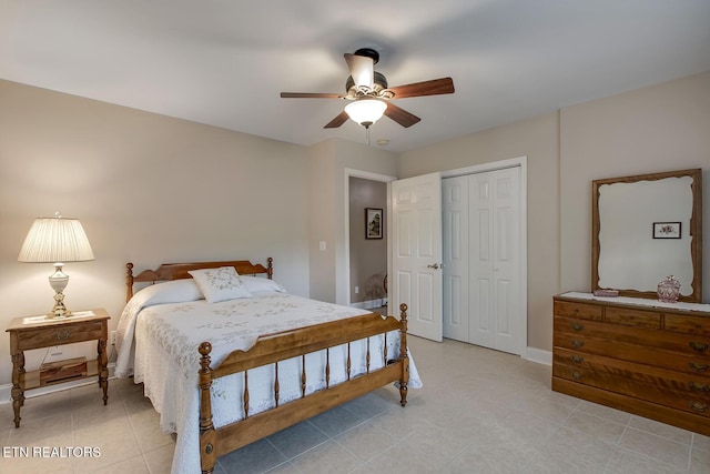 160 Kawga Way, Loudon, TN 37774 - bedroom with a ceiling fan, baseboards, light tile patterned flooring, and a closet