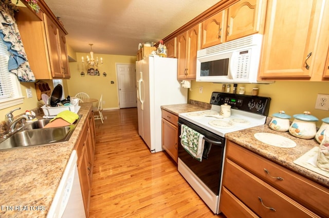 kitchen featuring white appliances, a chandelier, light countertops, a sink, and light wood-type flooring