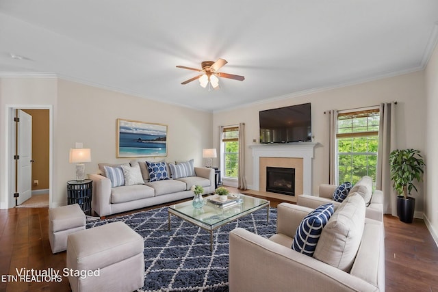 living area with baseboards, ceiling fan, wood finished floors, and a healthy amount of sunlight