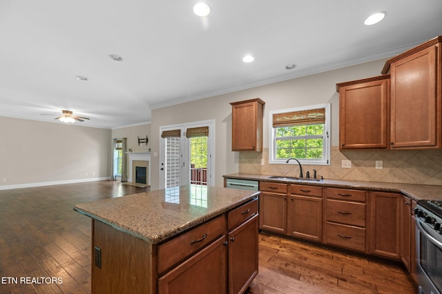 kitchen featuring appliances with stainless steel finishes, a sink, dark wood finished floors, a center island, and tasteful backsplash